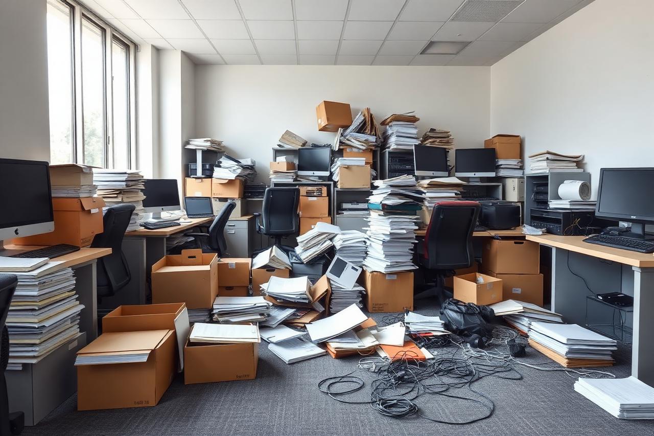 Volles Büro mit Akten und Möbeln vor der Auflösung