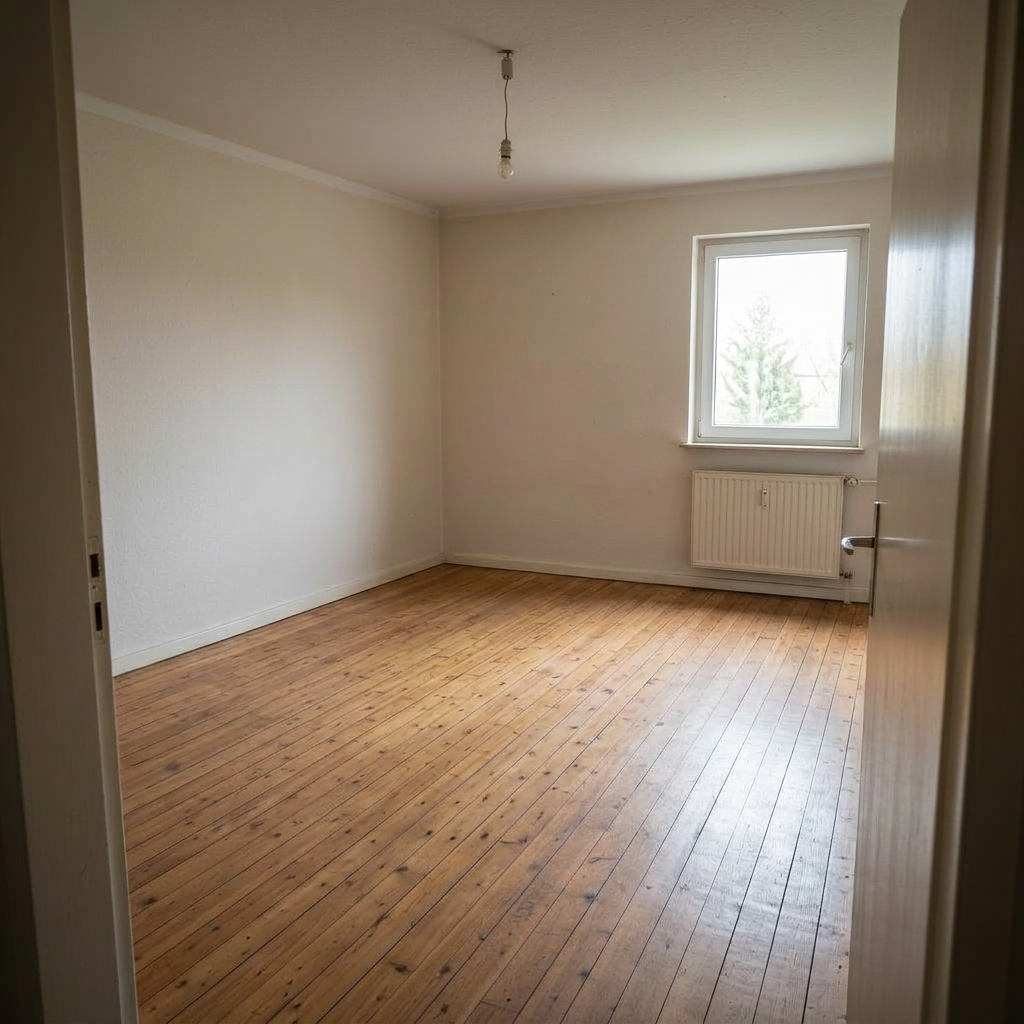 Leeres, besenreines Wohnzimmer nach der Hausentrümpelung