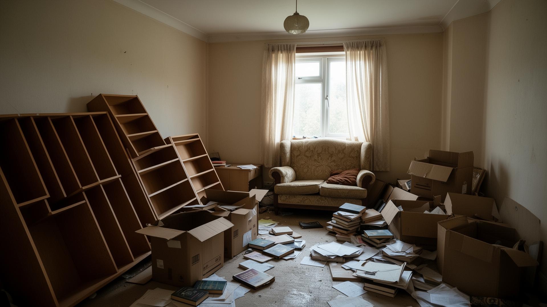 Vermülltes Zimmer mit leerem Regal, Kartons, verstreuten Büchern und einem Sessel vor dem Fenster – vor der Haushaltsauflösung