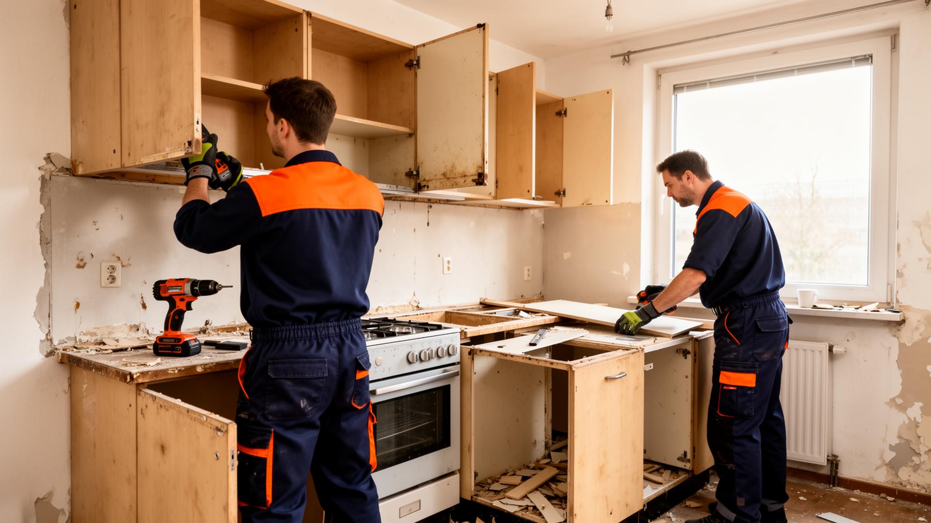 Zwei Mitarbeiter in dunkelblau-oranger Arbeitskleidung demontieren eine alte Einbauküche in einer hellen Wohnung
