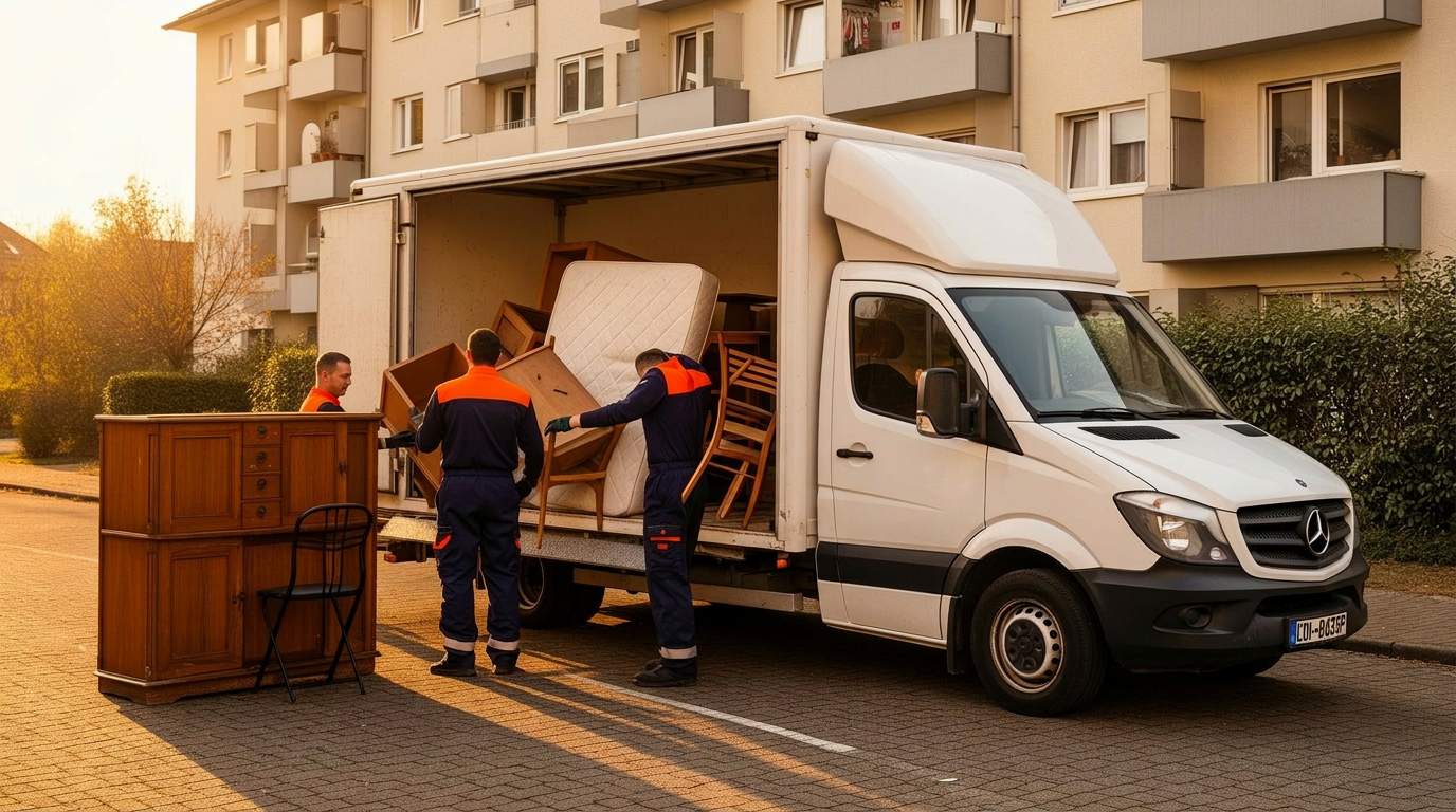 Team in dunkelblau-oranger Arbeitskleidung lädt Sperrmüll in einen weißen Transporter mit Aufschrift Rautmann Haushaltsauflösung