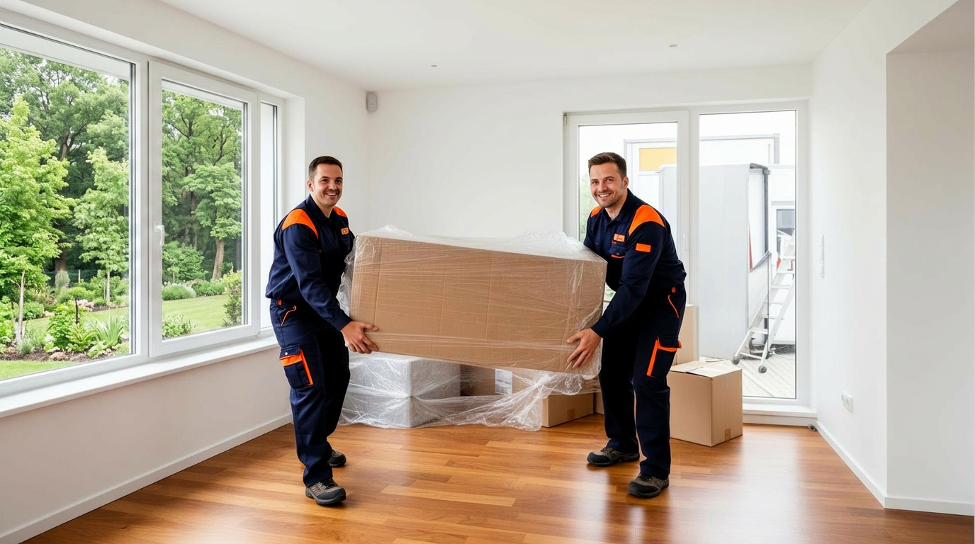 Zwei Umzugshelfer in dunkelblau-oranger Arbeitskleidung tragen einen Umzugskarton und verpackte Möbel in eine helle Wohnung