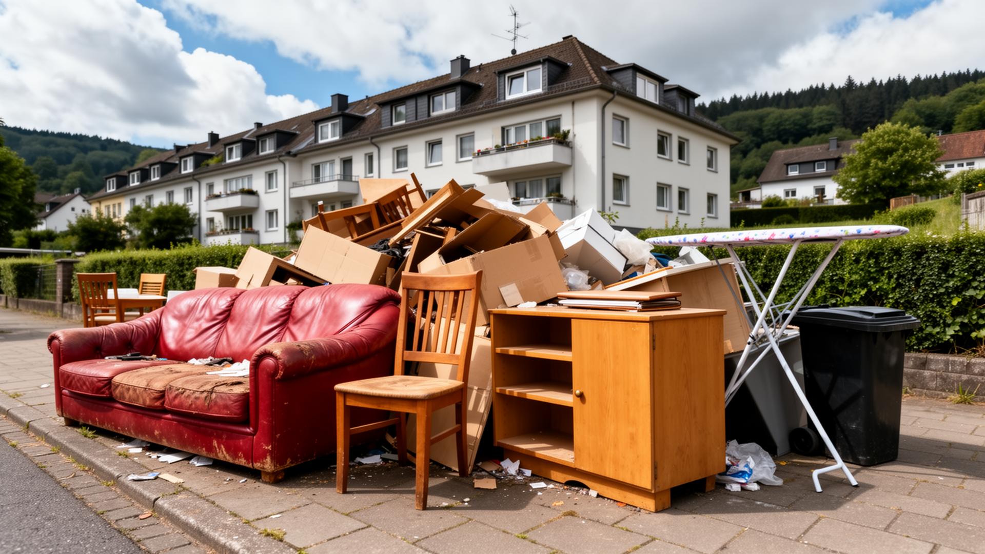 Großer Berg an Sperrmüll, Möbeln und Kartons auf dem Bürgersteig vor einem Mehrfamilienhaus – typische Wohnungsentrümpelung