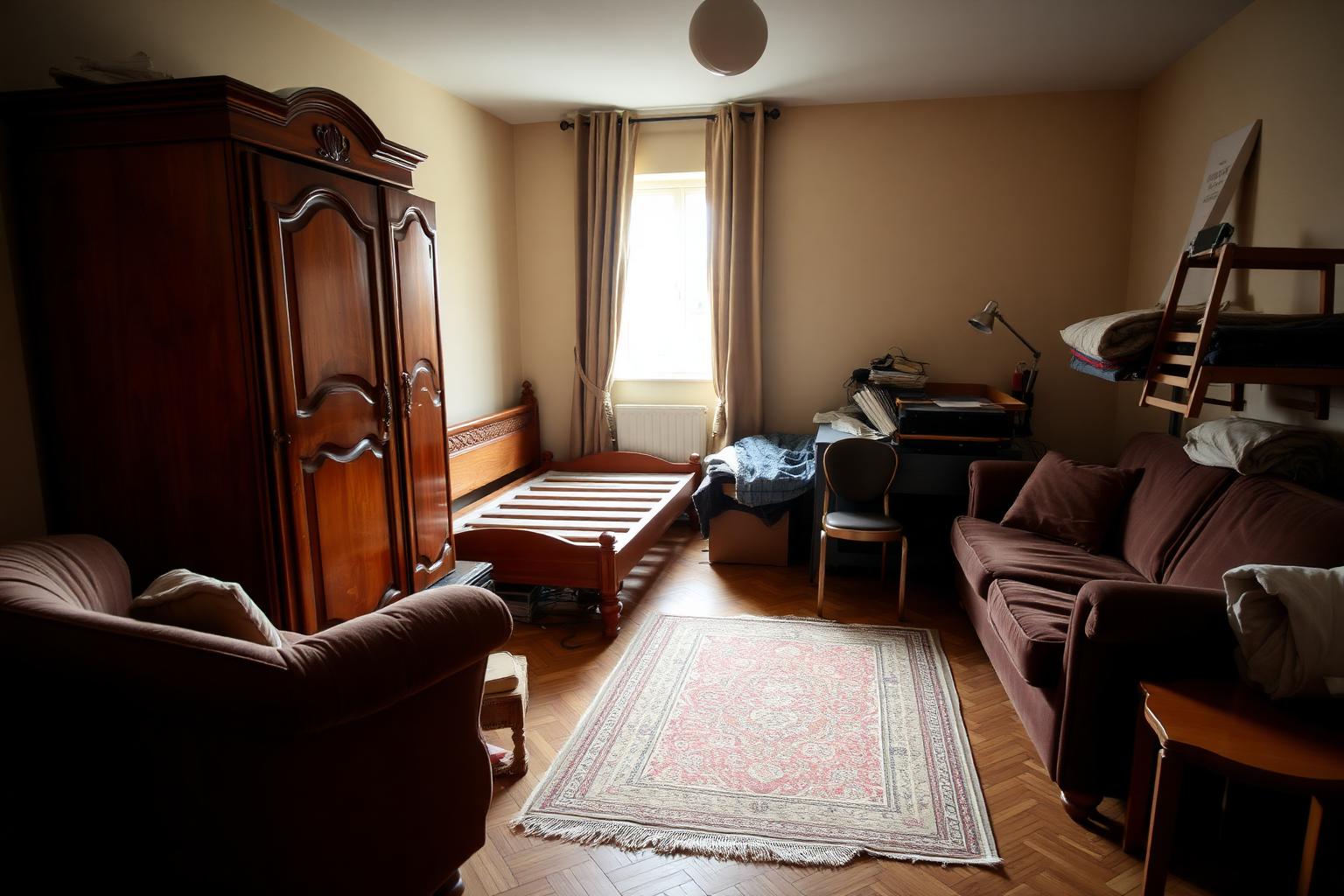 Zimmer voll mit altem Schrank, Bett, Sofa, Sessel und Teppich vor der Möbelentsorgung