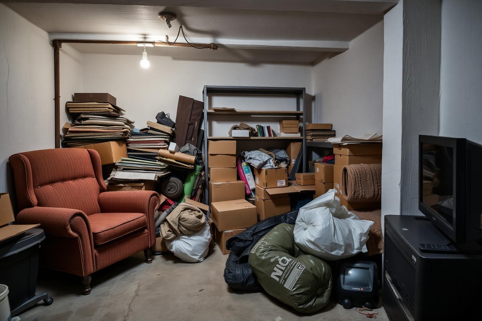 Voller Keller mit altem Sessel, Kartons, Regal und Müllsäcken vor der Sperrmüllabholung